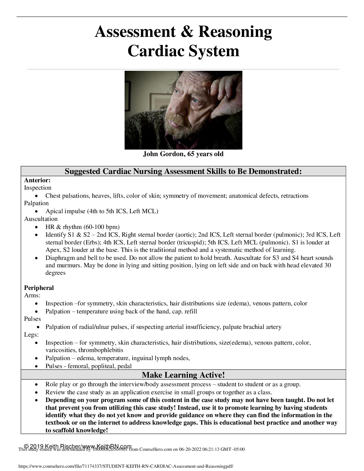 Preview image for Assessment & Reasoning Cardiac System John Gordon, 65 years old